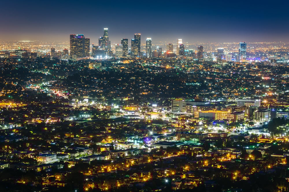 View of the downtown Los Angeles skyline at night, from Griffith Observatory, in Griffith Park, Los Angeles, California.